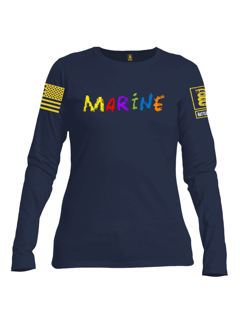 Battleraddle Marine Yellow Sleeve Print Womens Cotton Long Sleeve Crew Neck T Shirt