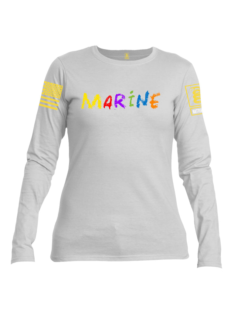 Battleraddle Marine Yellow Sleeve Print Womens Cotton Long Sleeve Crew Neck T Shirt