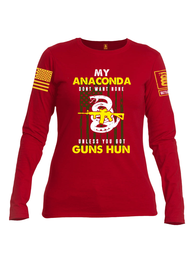 Battleraddle My Anaconda Dont Want None Unless You Got Guns Hun Yellow Sleeve Print Womens Cotton Long Sleeve Crew Neck T Shirt