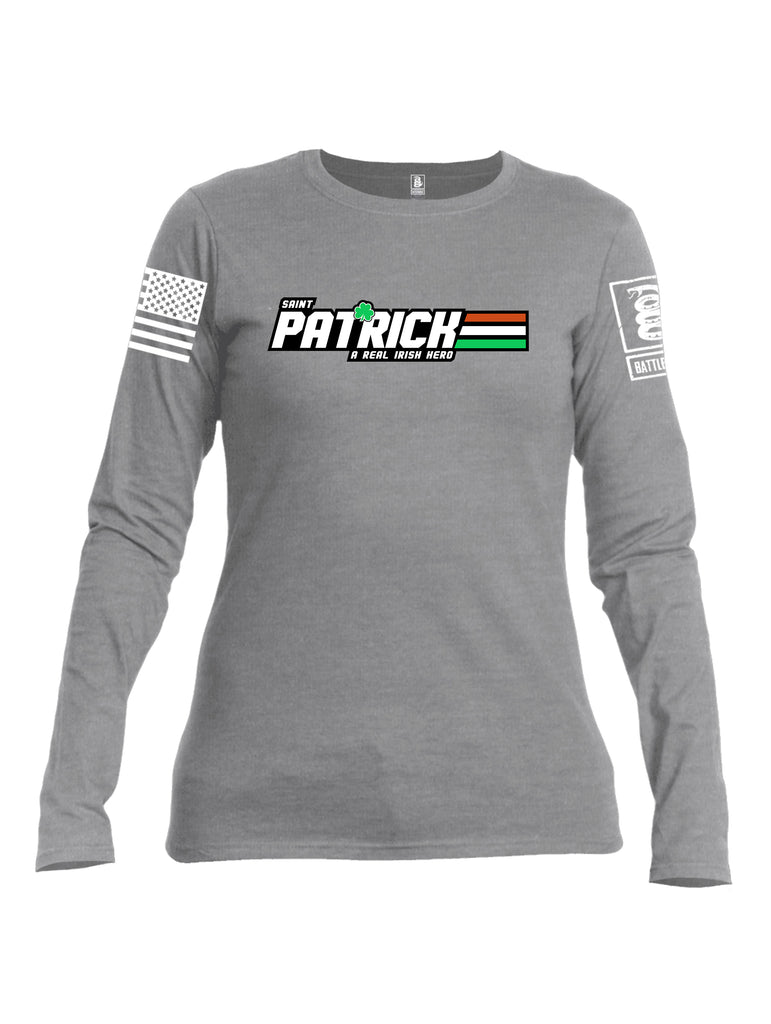 Battleraddle St Patrick GI Joe White Sleeve Print Womens Cotton Long Sleeve Crew Neck T Shirt