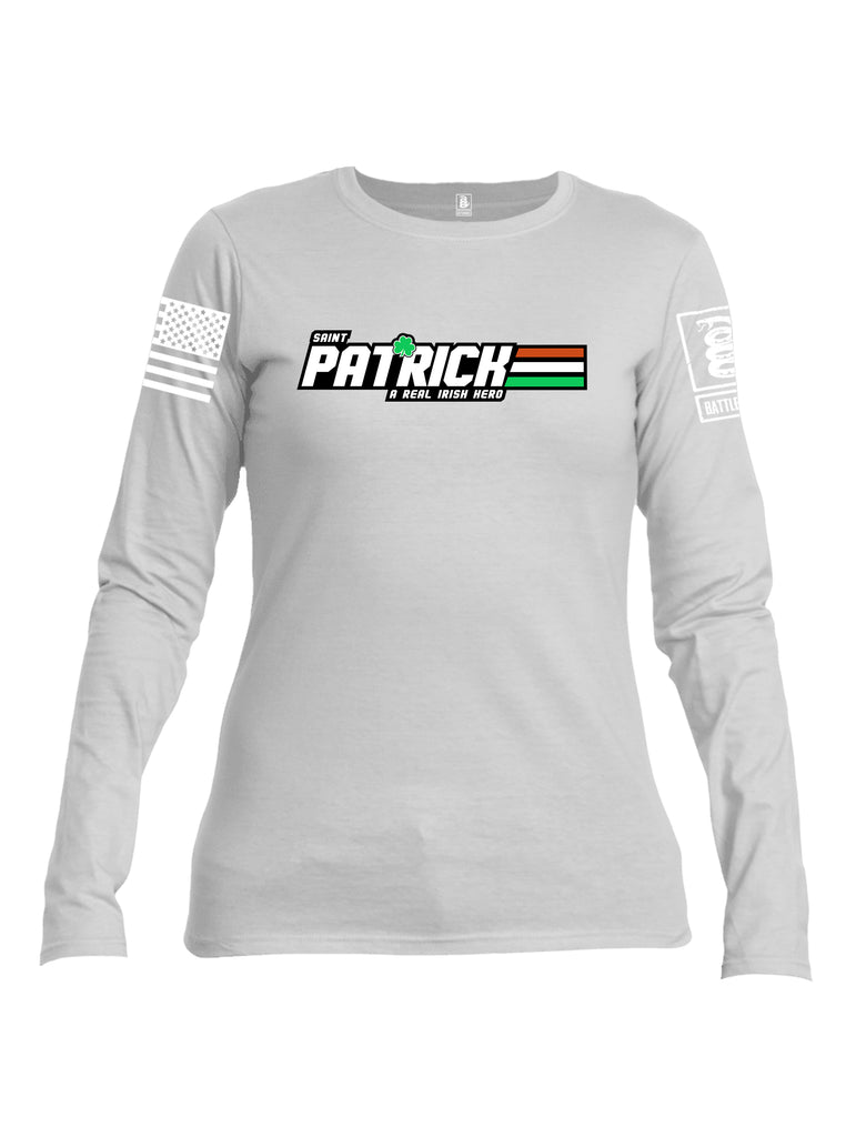 Battleraddle St Patrick GI Joe White Sleeve Print Womens Cotton Long Sleeve Crew Neck T Shirt