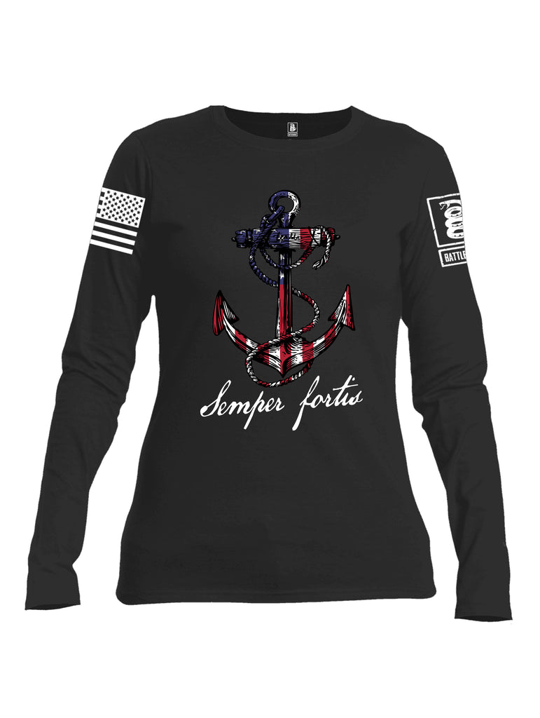 Battleraddle Semper Fortis White Sleeve Print Womens Cotton Long Sleeve Crew Neck T Shirt