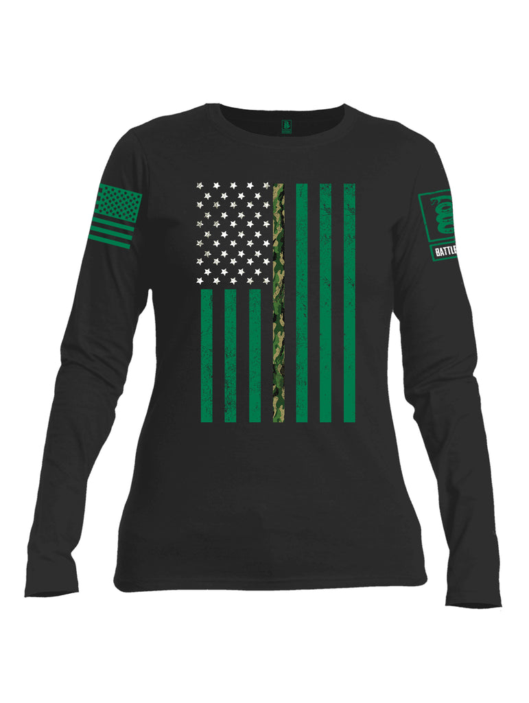 Battleraddle Patricks Camo Flag Green Sleeve Print Womens Cotton Long Sleeve Crew Neck T Shirt