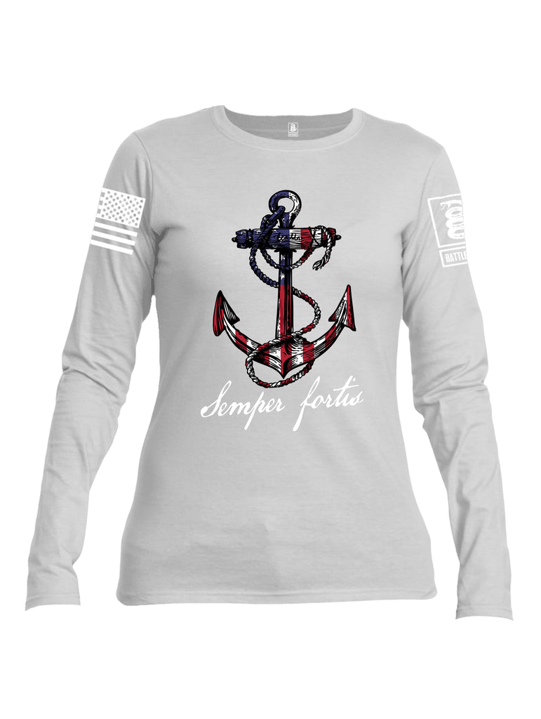 Battleraddle Semper Fortis White Sleeve Print Womens Cotton Long Sleeve Crew Neck T Shirt