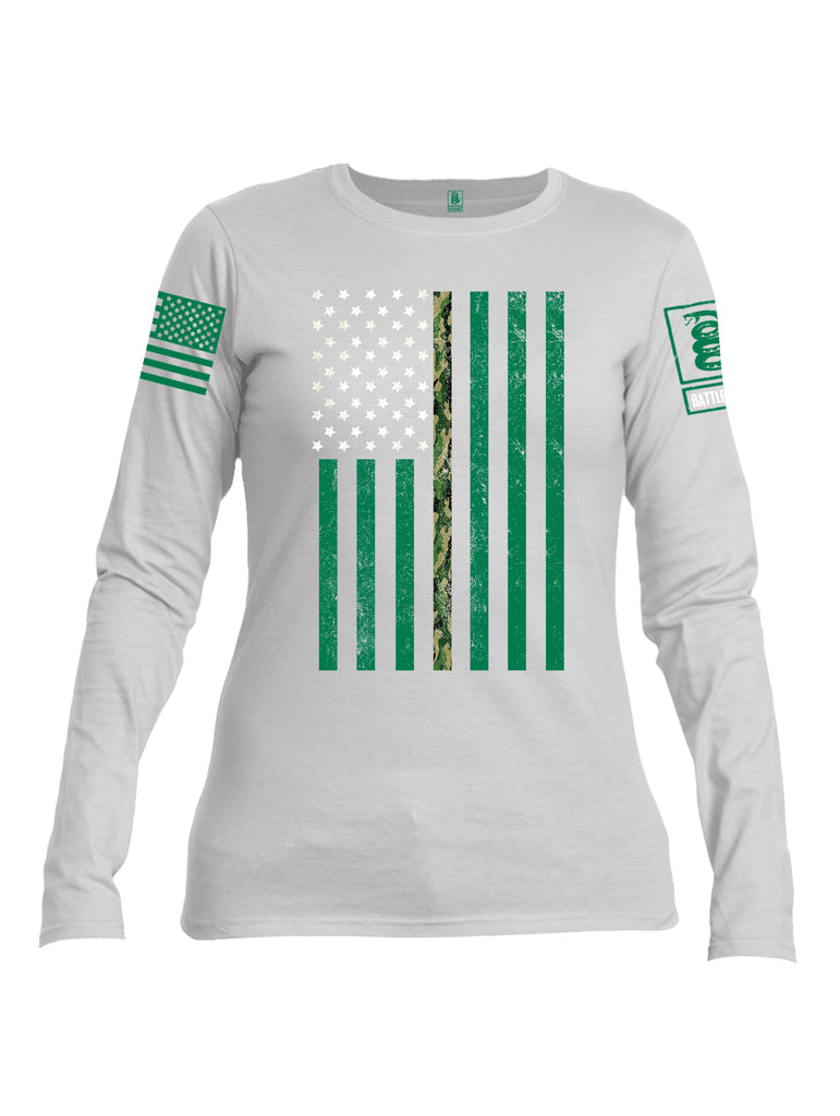 Battleraddle Patricks Camo Flag Green Sleeve Print Womens Cotton Long Sleeve Crew Neck T Shirt