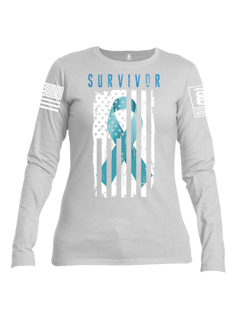 Battleraddle Survivor White Sleeve Print Womens Cotton Long Sleeve Crew Neck T Shirt
