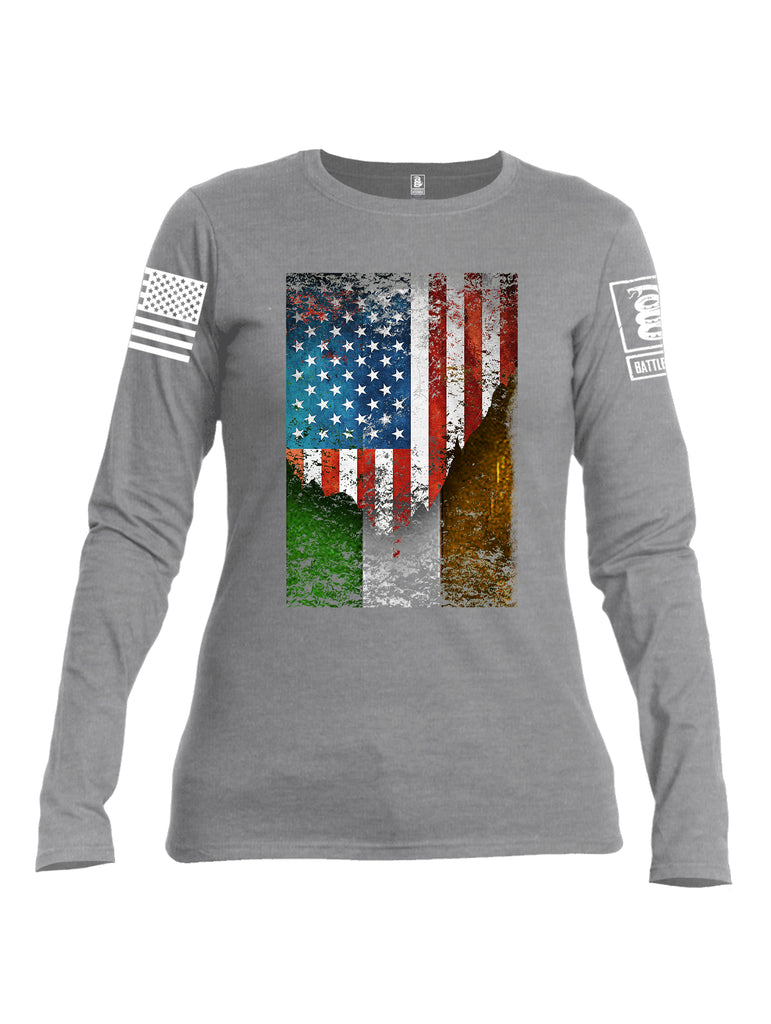 Battleraddle American Irish Flag White Sleeve Print Womens Cotton Long Sleeve Crew Neck T Shirt
