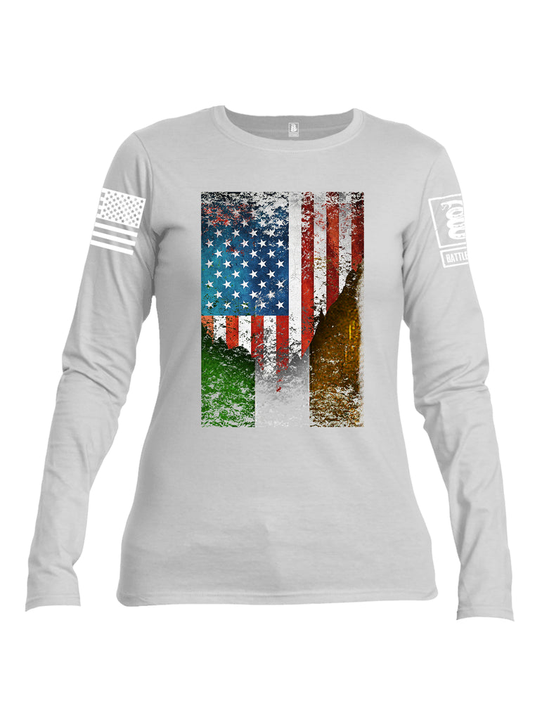 Battleraddle American Irish Flag White Sleeve Print Womens Cotton Long Sleeve Crew Neck T Shirt