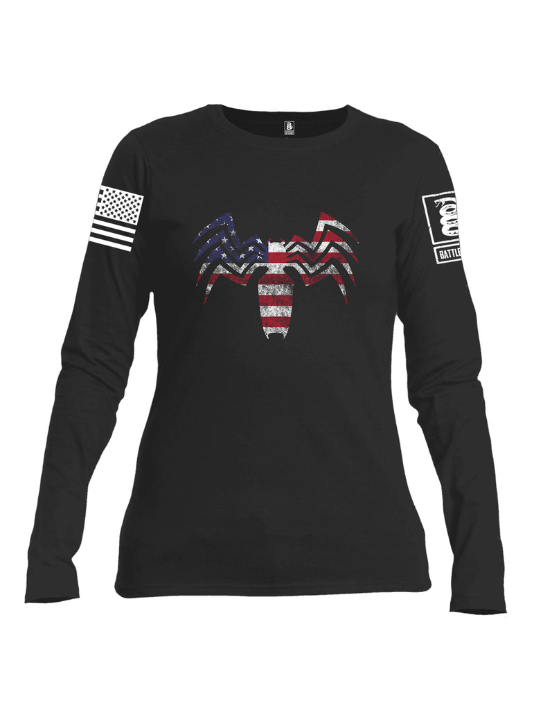 Battleraddle Venomize USA Flag Red Sleeve Print Womens Cotton Long Sleeve Crew Neck T Shirt