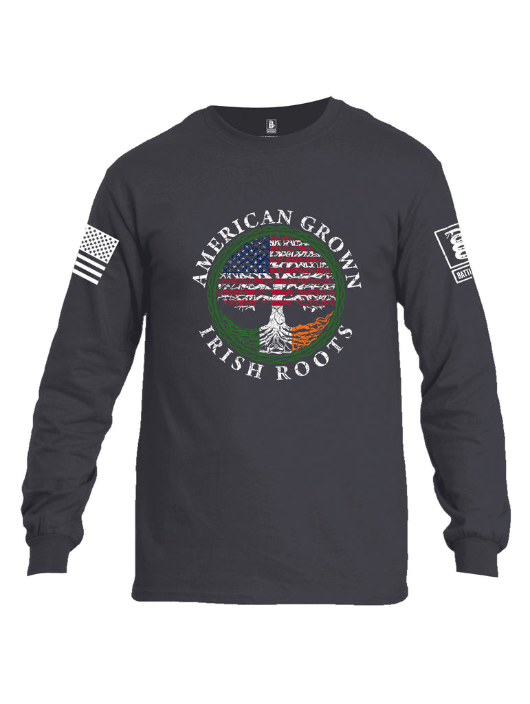 Battleraddle American Grown Irish Roots White Sleeve Print Mens Cotton Long Sleeve Crew Neck T Shirt