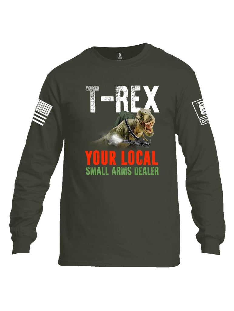 Battleraddle T-Rex Your Local Small Arms Dealer White Sleeve Print Mens Cotton Long Sleeve Crew Neck T Shirt