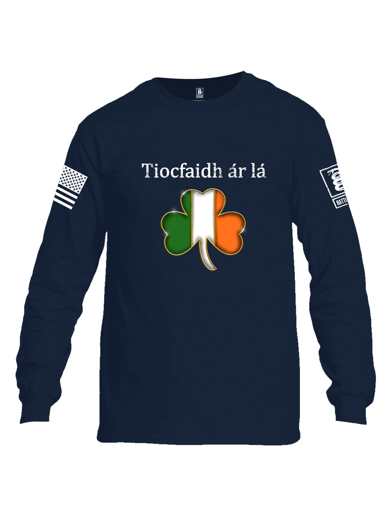 Battleraddle Tiocfaidh ar la Irish Flag Clover White Sleeve Print Mens Cotton Long Sleeve Crew Neck T Shirt