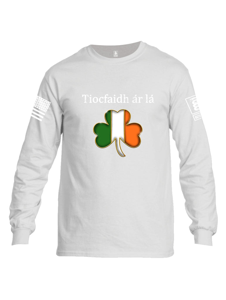 Battleraddle Tiocfaidh ar la Irish Flag Clover White Sleeve Print Mens Cotton Long Sleeve Crew Neck T Shirt