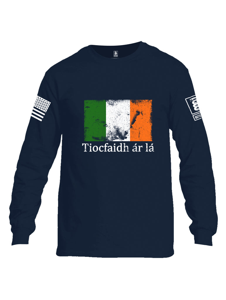 Battleraddle Tiocfaidh ar la Irish Flag White Sleeve Print Mens Cotton Long Sleeve Crew Neck T Shirt