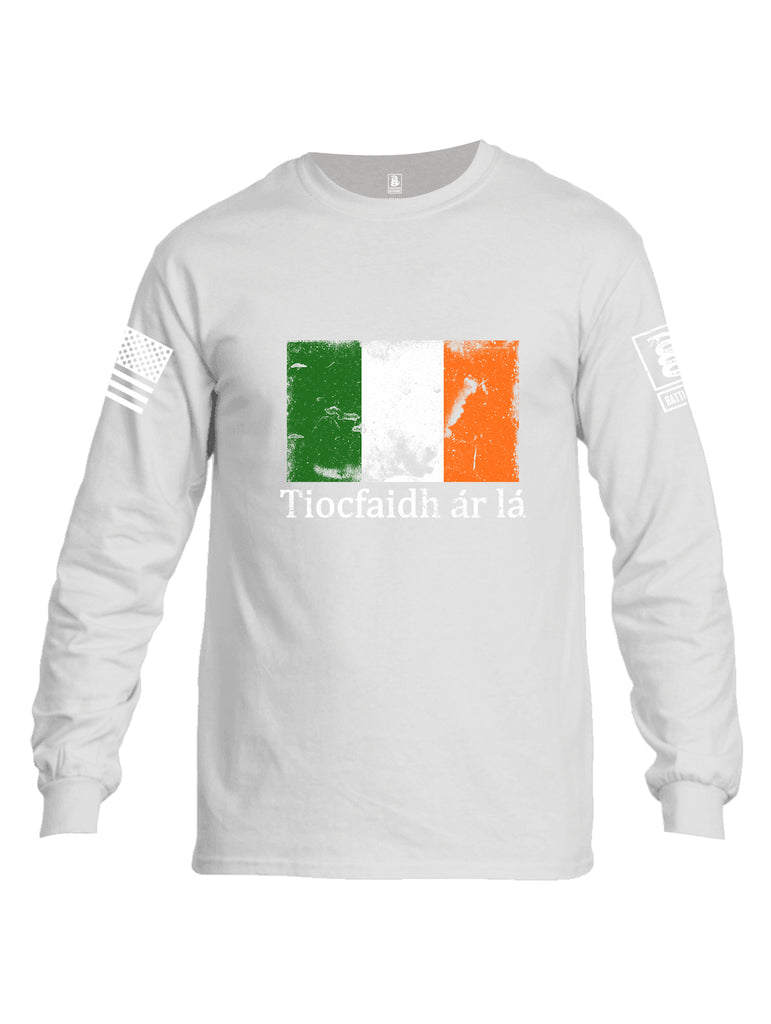 Battleraddle Tiocfaidh ar la Irish Flag White Sleeve Print Mens Cotton Long Sleeve Crew Neck T Shirt
