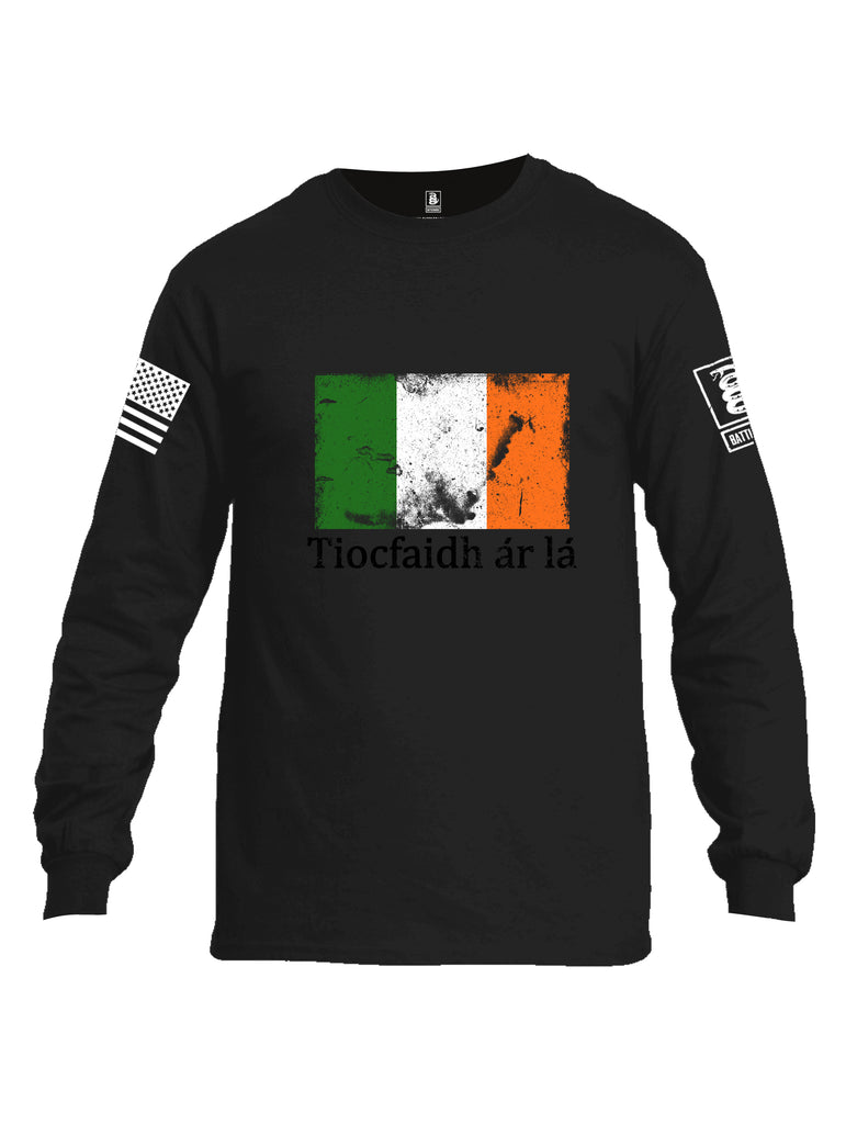 Battleraddle Tiocfaidh ar la Irish Flag Black White Sleeve Print Mens Cotton Long Sleeve Crew Neck T Shirt