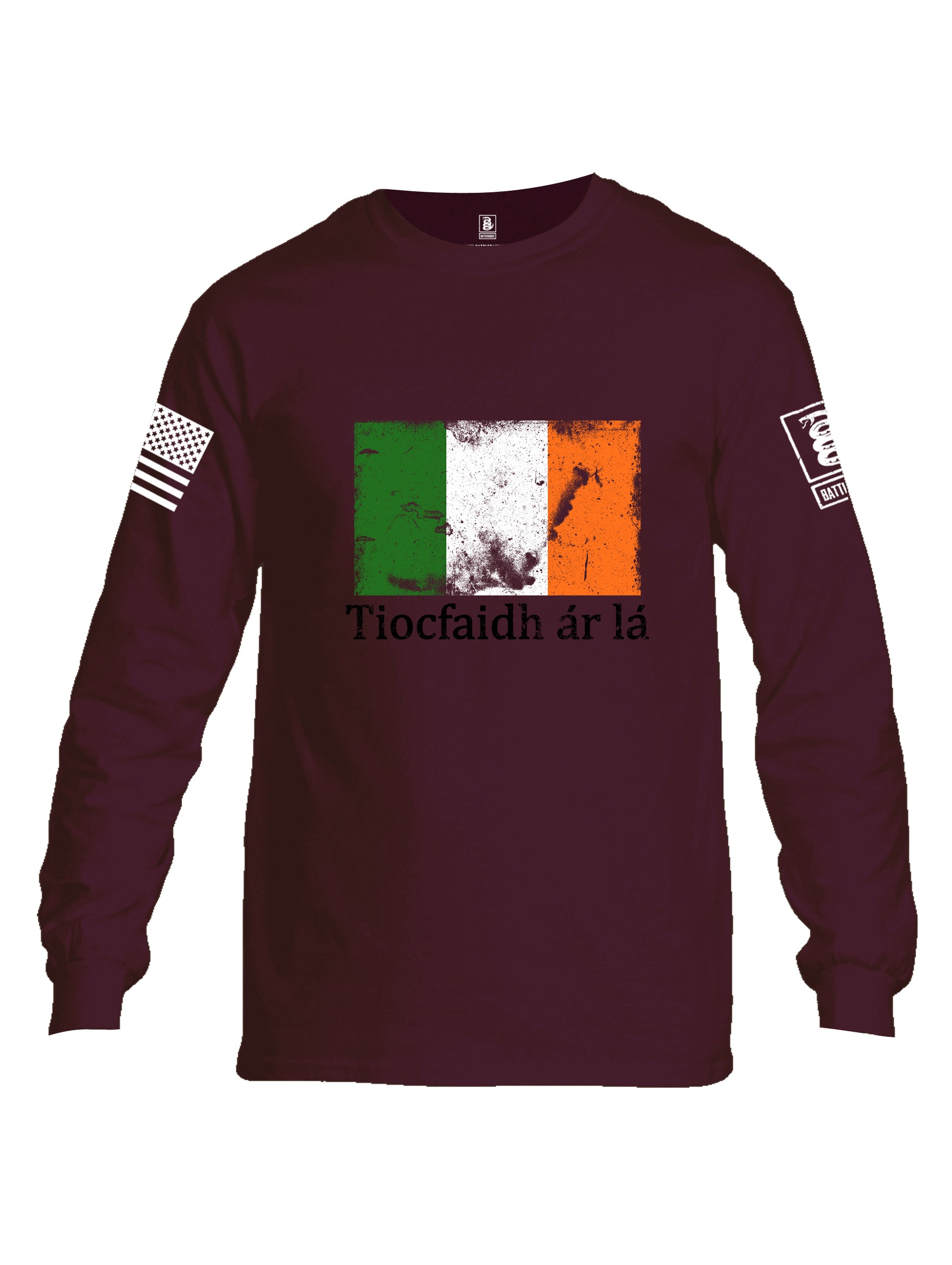 Battleraddle Tiocfaidh ar la Irish Flag Black White Sleeve Print Mens Cotton Long Sleeve Crew Neck T Shirt