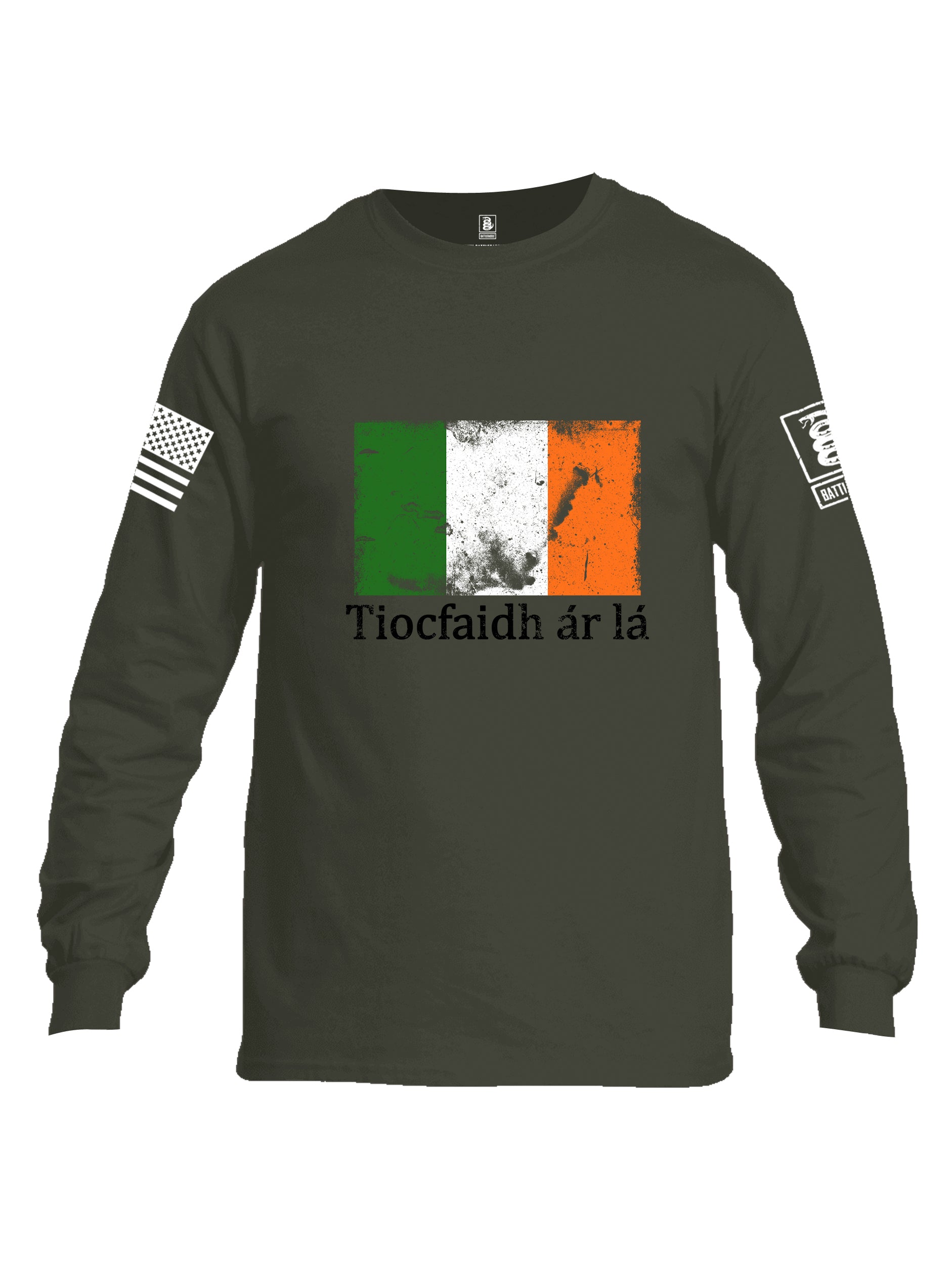 Battleraddle Tiocfaidh ar la Irish Flag Black White Sleeve Print Mens Cotton Long Sleeve Crew Neck T Shirt