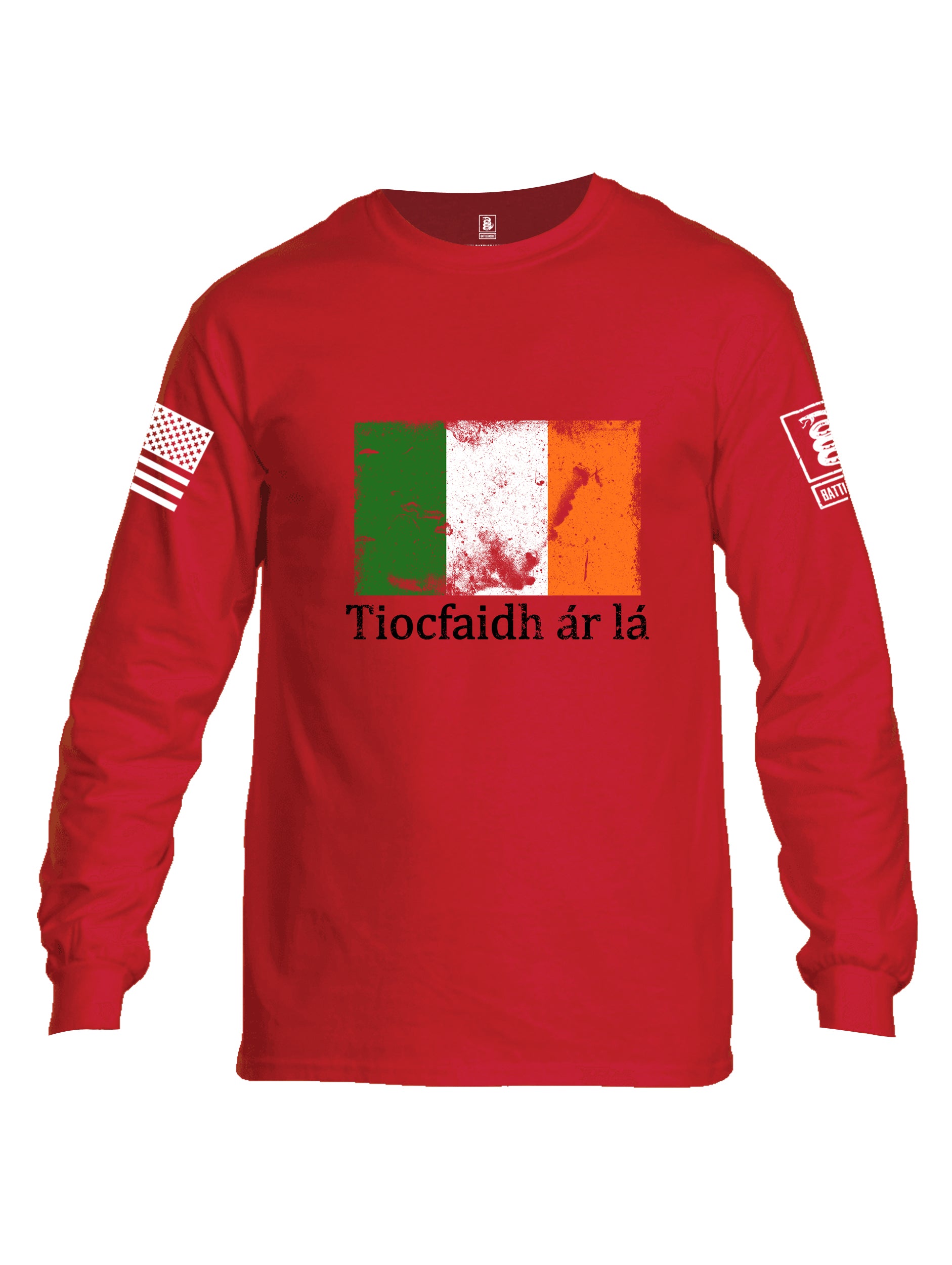 Battleraddle Tiocfaidh ar la Irish Flag Black White Sleeve Print Mens Cotton Long Sleeve Crew Neck T Shirt