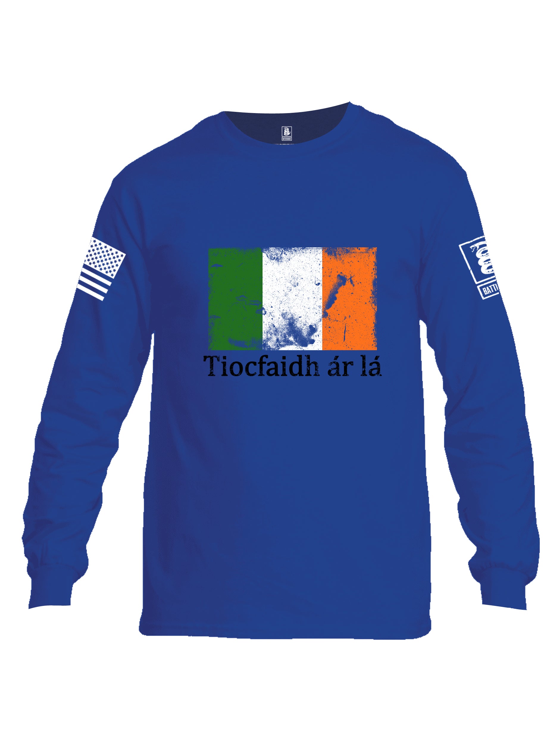 Battleraddle Tiocfaidh ar la Irish Flag Black White Sleeve Print Mens Cotton Long Sleeve Crew Neck T Shirt