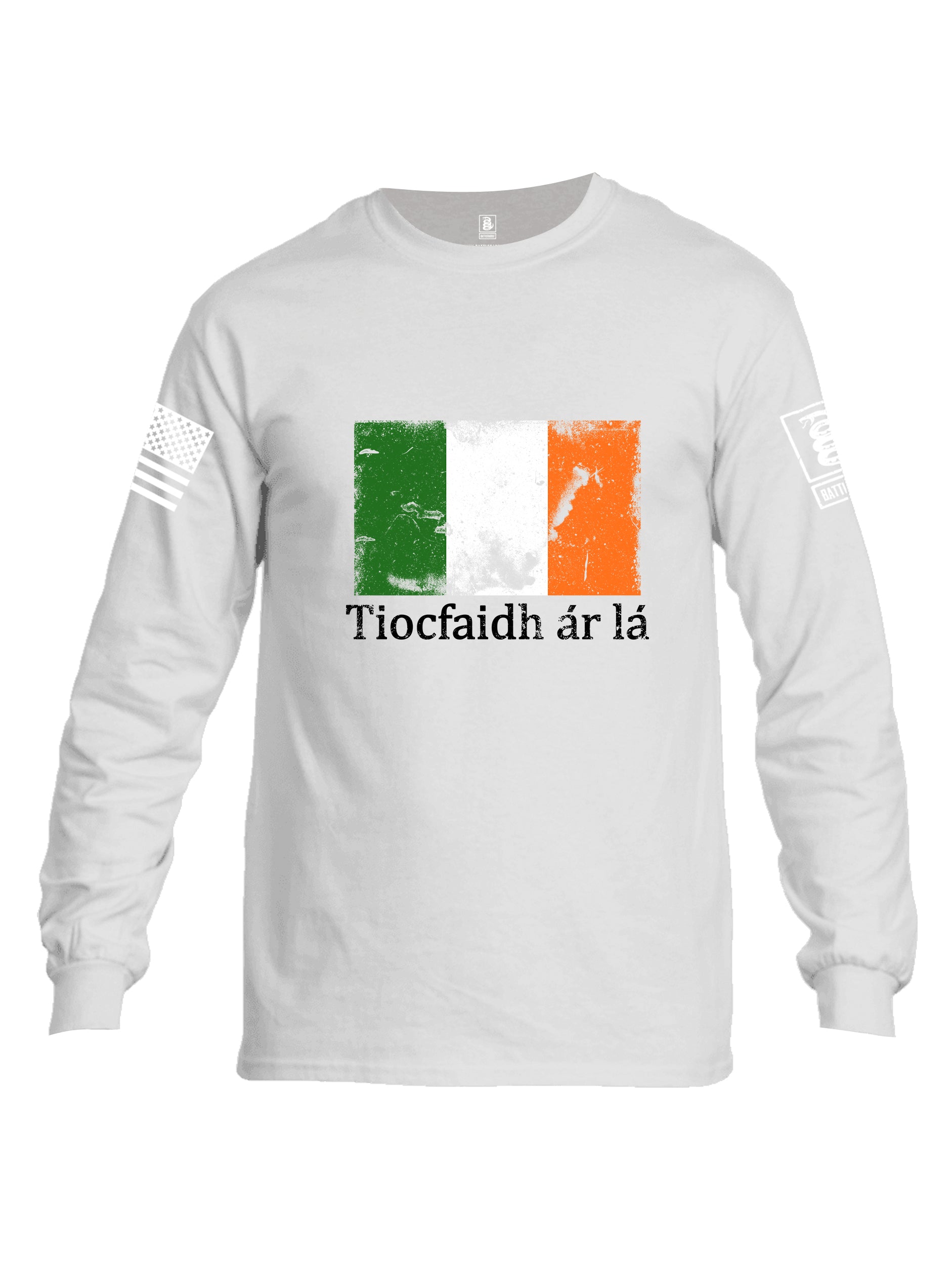 Battleraddle Tiocfaidh ar la Irish Flag Black White Sleeve Print Mens Cotton Long Sleeve Crew Neck T Shirt