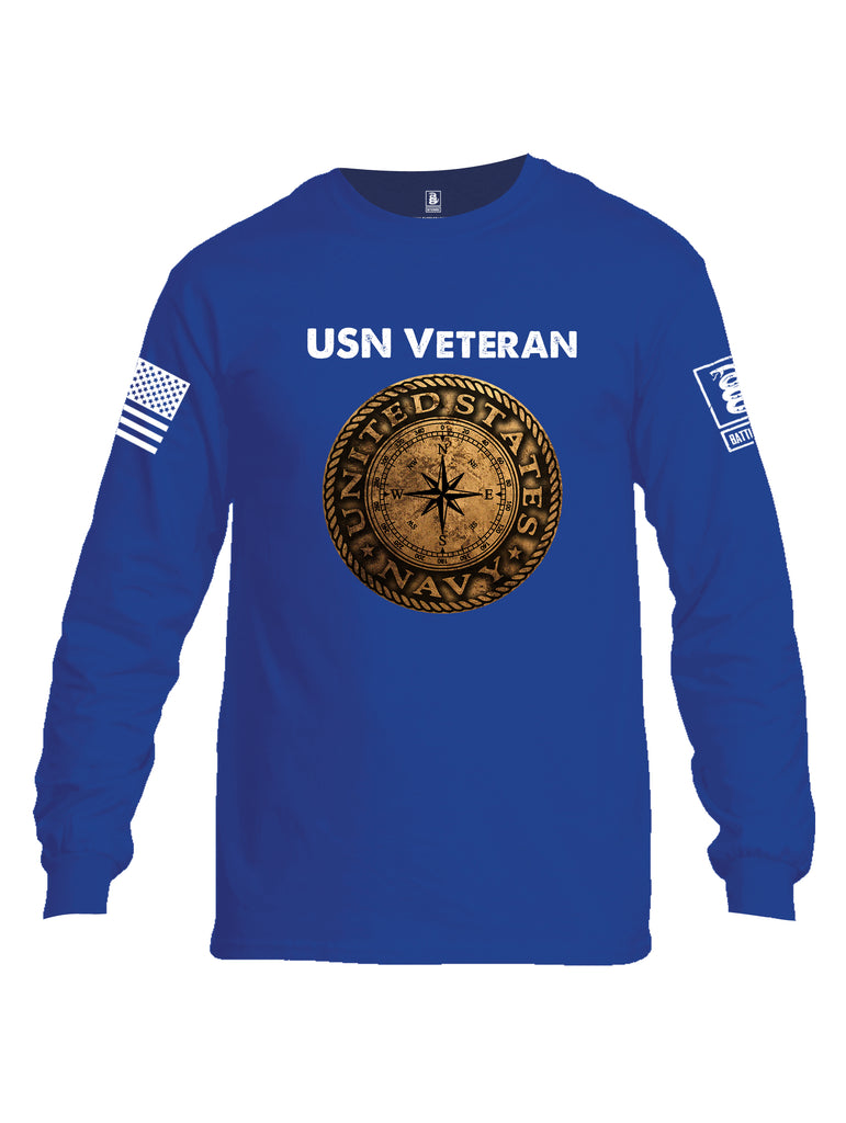 Battleraddle USN Veteran Compass White Sleeve Print Mens Cotton Long Sleeve Crew Neck T Shirt