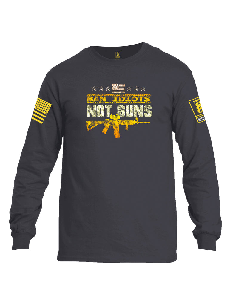 Battleraddle Ban Idiots Not Guns Yellow Sleeve Print Mens Cotton Long Sleeve Crew Neck T Shirt
