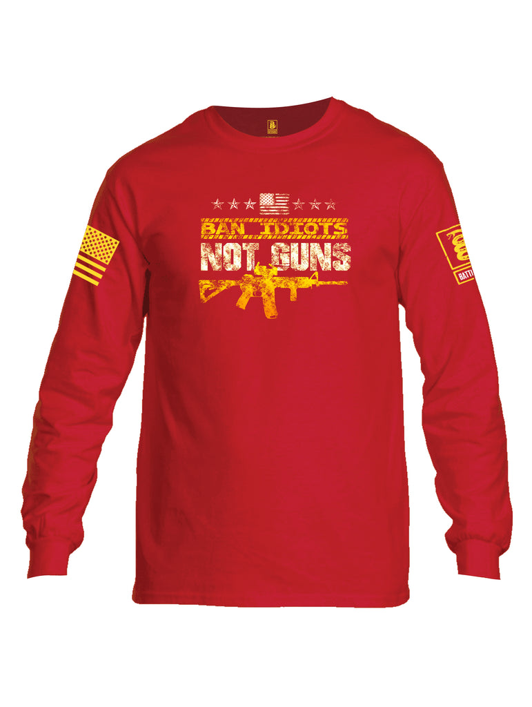 Battleraddle Ban Idiots Not Guns Yellow Sleeve Print Mens Cotton Long Sleeve Crew Neck T Shirt