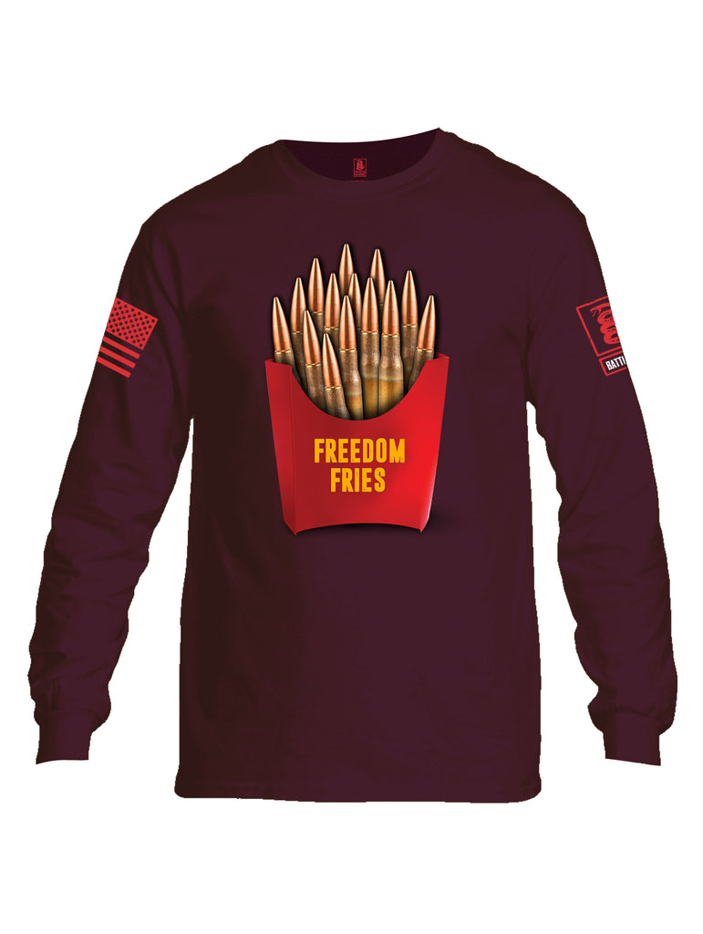 Battleraddle Freedom Fries Red Sleeve Print Mens Cotton Long Sleeve Crew Neck T Shirt