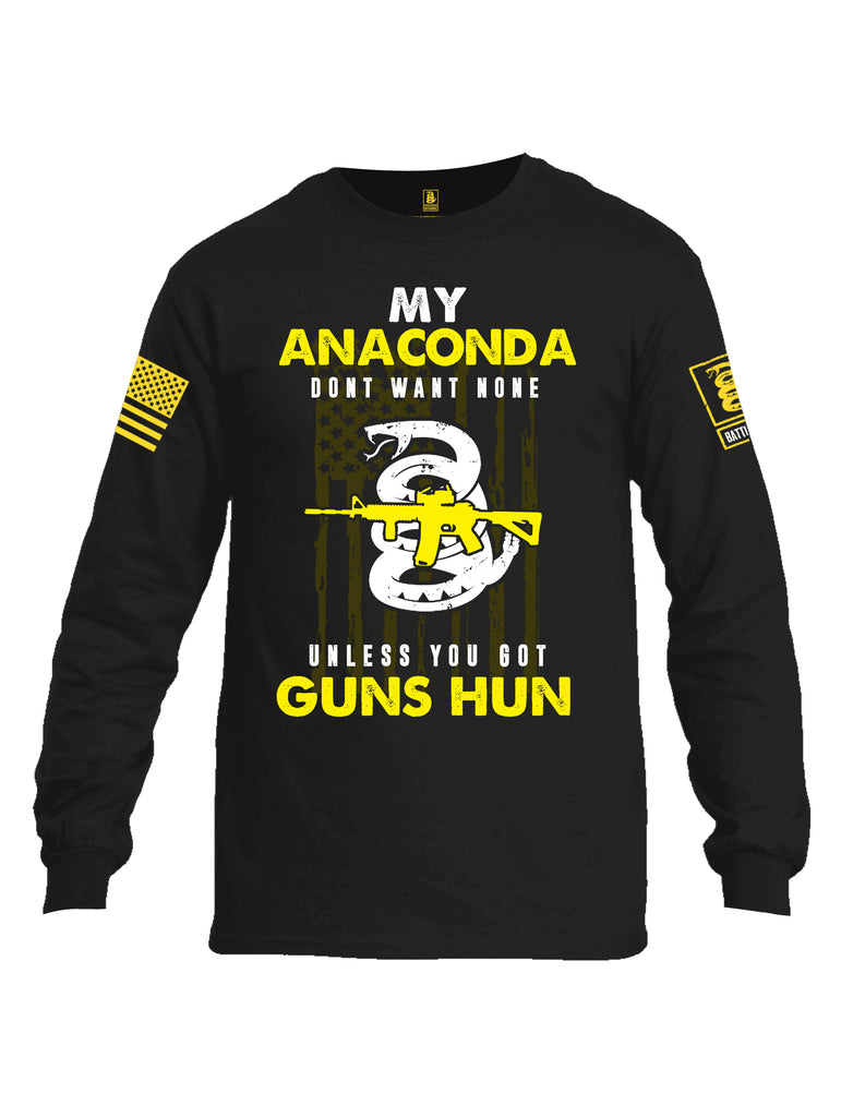 Battleraddle My Anaconda Dont Want None Unless You Got Guns Hun Yellow Sleeve Print Mens Cotton Long Sleeve Crew Neck T Shirt