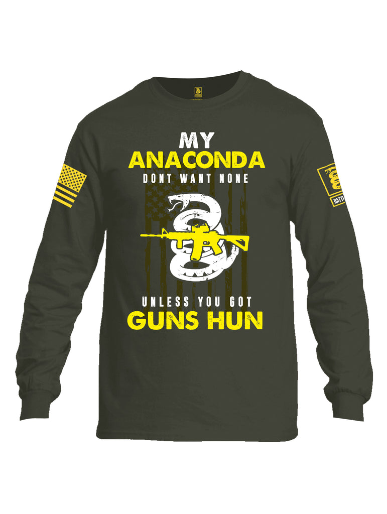 Battleraddle My Anaconda Dont Want None Unless You Got Guns Hun Yellow Sleeve Print Mens Cotton Long Sleeve Crew Neck T Shirt