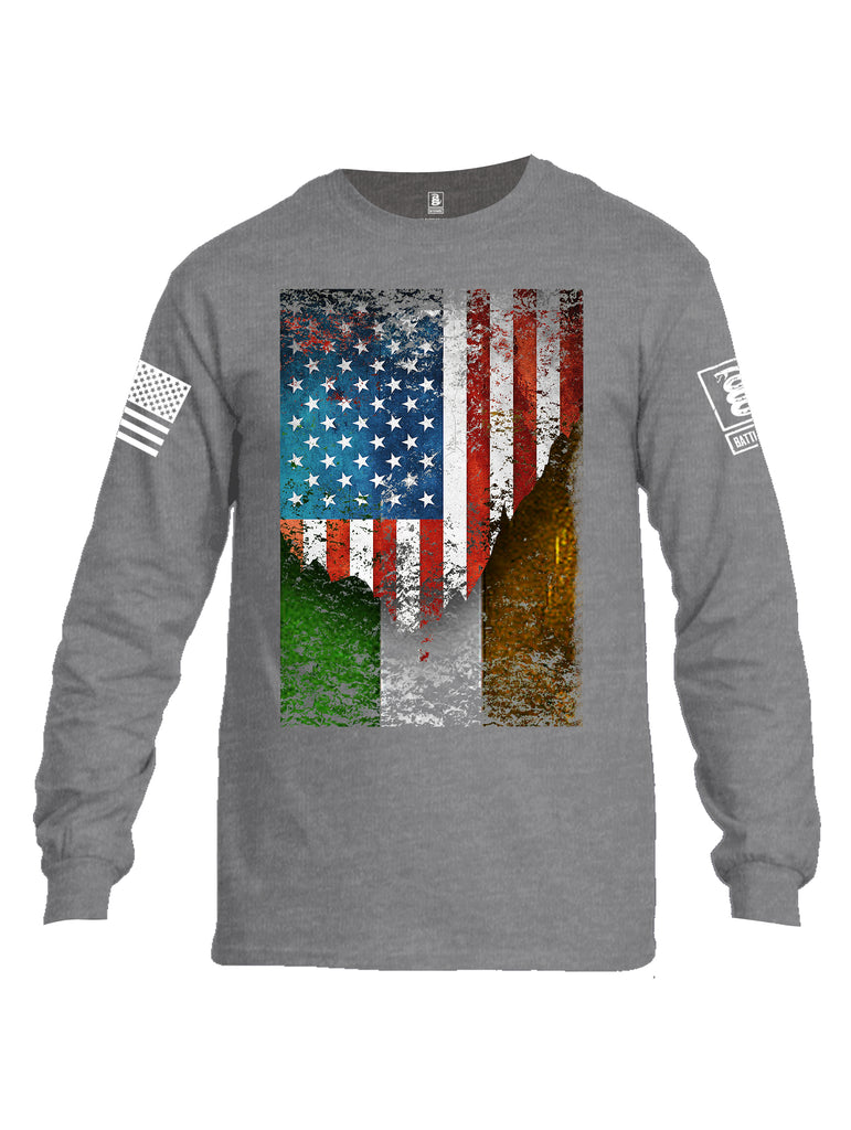 Battleraddle American Irish Flag White Sleeve Print Mens Cotton Long Sleeve Crew Neck T Shirt