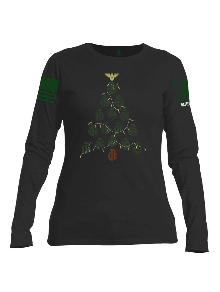 Battleraddle Christmas Greenery Grenade Tree Bomb Green Sleeve Print Womens Cotton Long Sleeve Crew Neck T Shirt