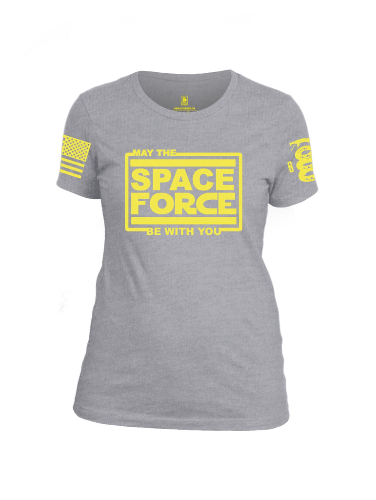 Battleraddle May The Space Force Be With You Yellow Sleeve Print Womens Cotton Crew Neck T Shirt