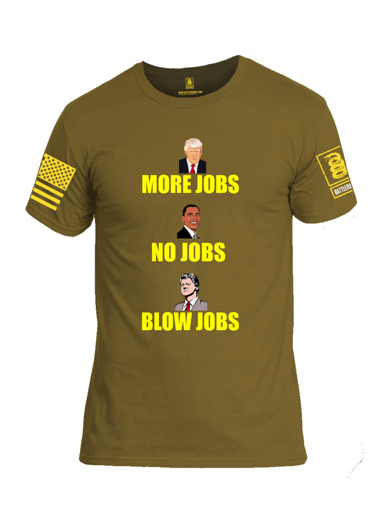 Battleraddle More Jobs No Jobs Blow Jobs Yellow Sleeve Print Mens Cotton Crew Neck T Shirt