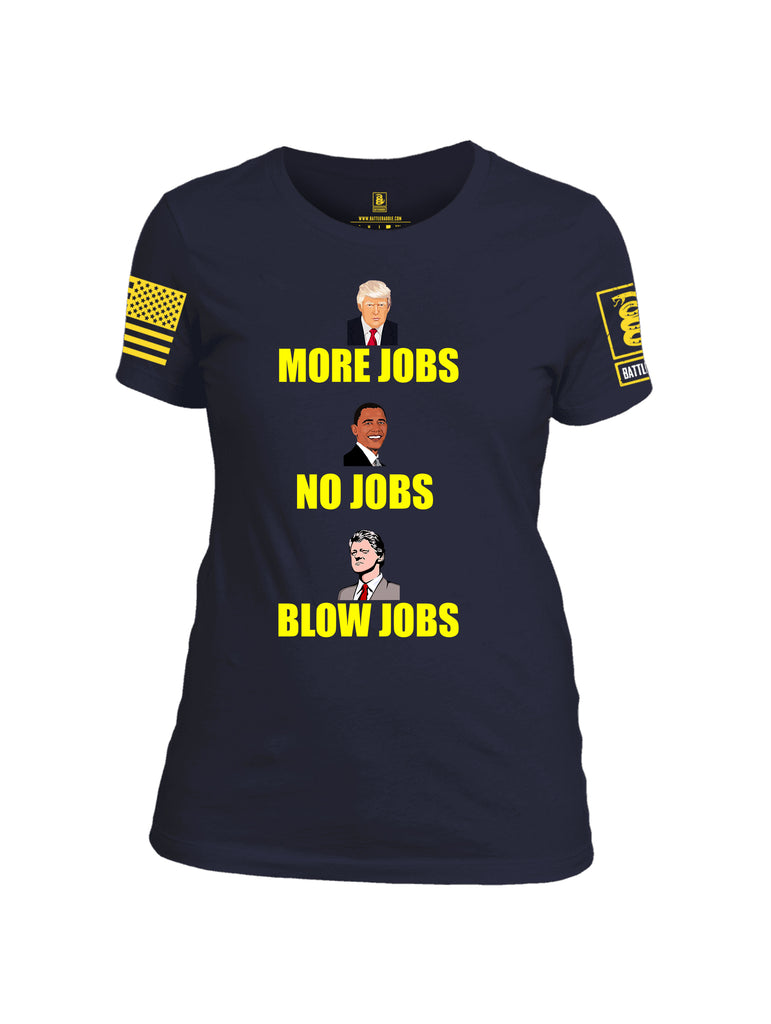 Battleraddle More Jobs No Jobs Blow Jobs Yellow Sleeve Print Womens Cotton Crew Neck T Shirt