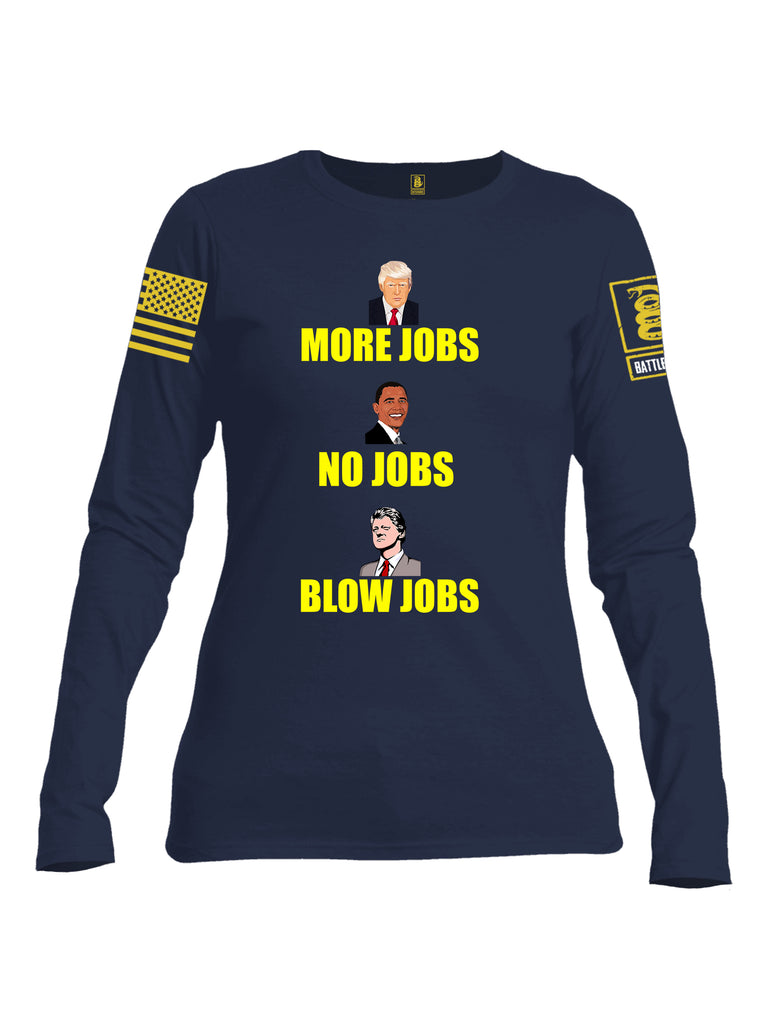 Battleraddle More Jobs No Jobs Blow Jobs Yellow Sleeve Print Womens Cotton Long Sleeve Crew Neck T Shirt