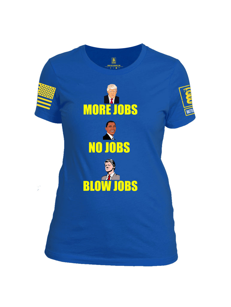 Battleraddle More Jobs No Jobs Blow Jobs Yellow Sleeve Print Womens Cotton Crew Neck T Shirt