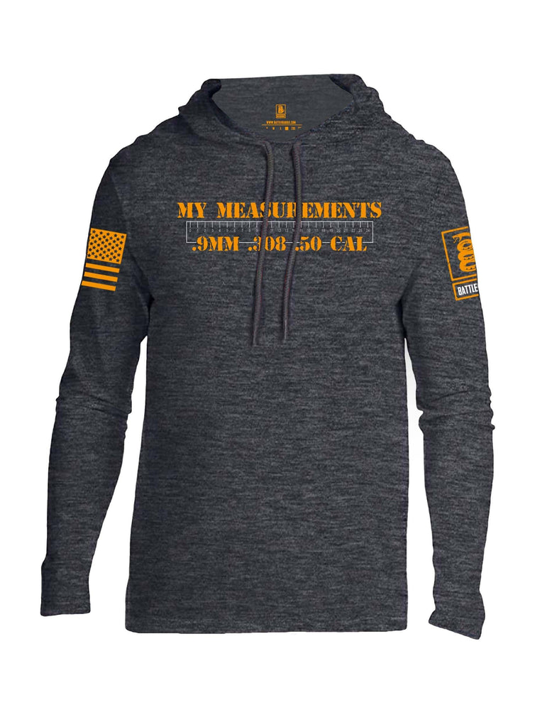 Battleraddle My Measurements .9mm .308 .50 Cal Orange Sleeve Print Mens Thin Cotton Lightweight Hoodie shirt|custom|veterans|Apparel-Mens Hoodie-Cotton