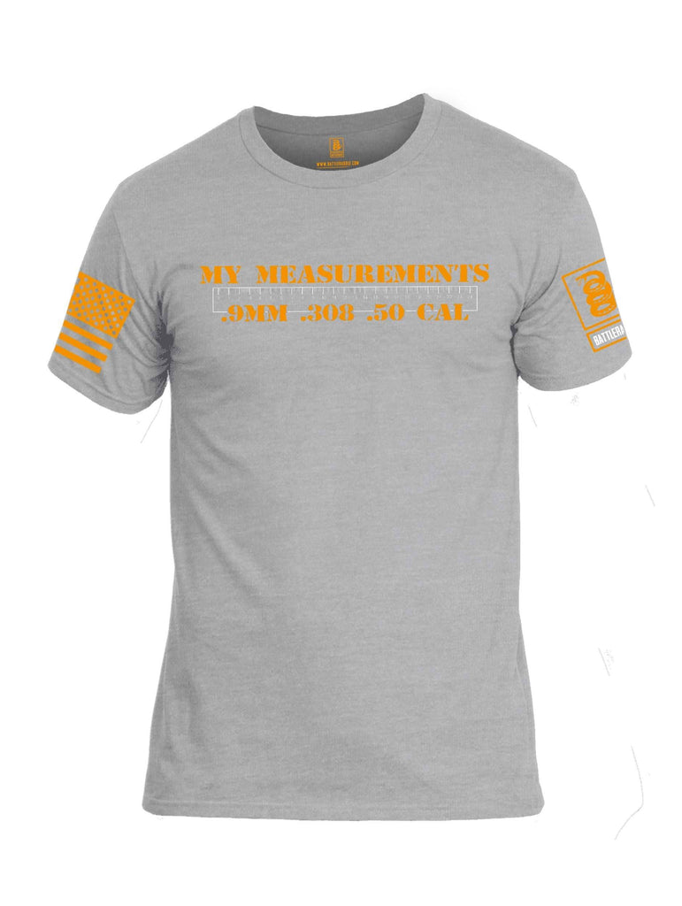 Battleraddle My Measurements .9mm .308 .50 Cal Orange Sleeve Print Mens Cotton Crew Neck T Shirt shirt|custom|veterans|Apparel-Mens T Shirt-cotton