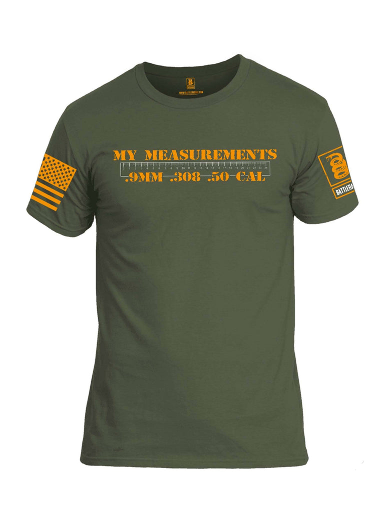 Battleraddle My Measurements .9mm .308 .50 Cal Orange Sleeve Print Mens Cotton Crew Neck T Shirt shirt|custom|veterans|Apparel-Mens T Shirt-cotton