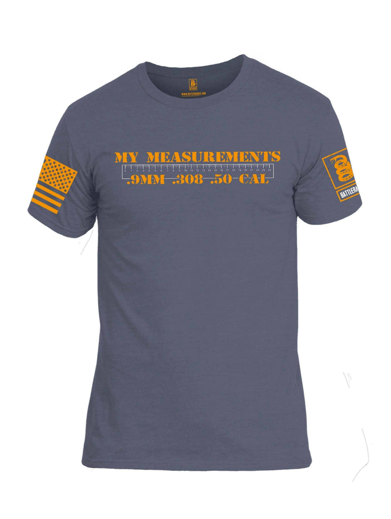 Battleraddle My Measurements .9mm .308 .50 Cal Orange Sleeve Print Mens Cotton Crew Neck T Shirt shirt|custom|veterans|Apparel-Mens T Shirt-cotton
