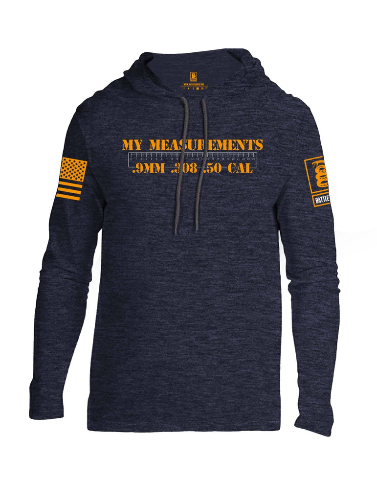 Battleraddle My Measurements .9mm .308 .50 Cal Orange Sleeve Print Mens Thin Cotton Lightweight Hoodie shirt|custom|veterans|Apparel-Mens Hoodie-Cotton