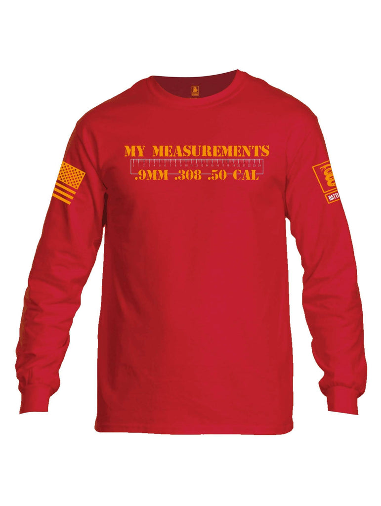 Battleraddle My Measurements .9mm .308 .50 Cal Orange Sleeve Print Mens Cotton Long Sleeve Crew Neck T Shirt shirt|custom|veterans|Men-Long Sleeves Crewneck Shirt