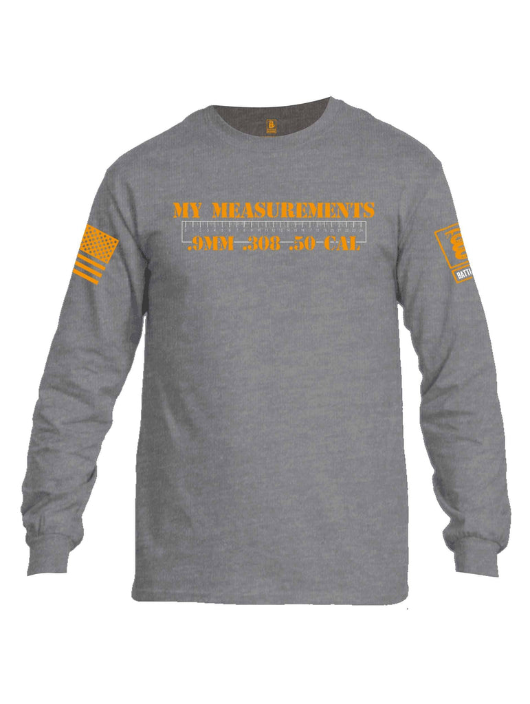 Battleraddle My Measurements .9mm .308 .50 Cal Orange Sleeve Print Mens Cotton Long Sleeve Crew Neck T Shirt shirt|custom|veterans|Men-Long Sleeves Crewneck Shirt
