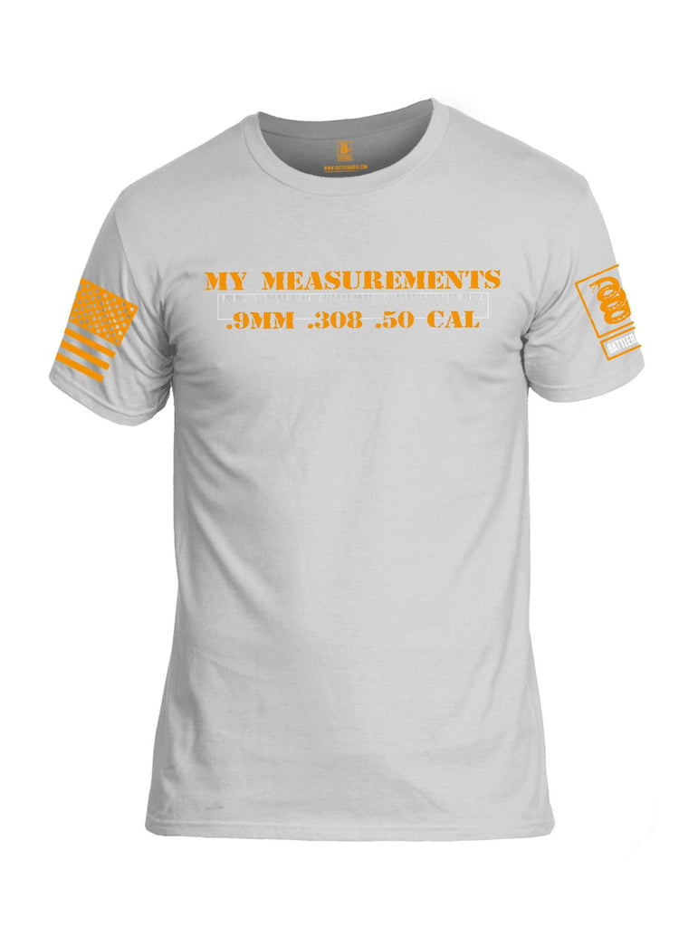 Battleraddle My Measurements .9mm .308 .50 Cal Orange Sleeve Print Mens Cotton Crew Neck T Shirt shirt|custom|veterans|Apparel-Mens T Shirt-cotton