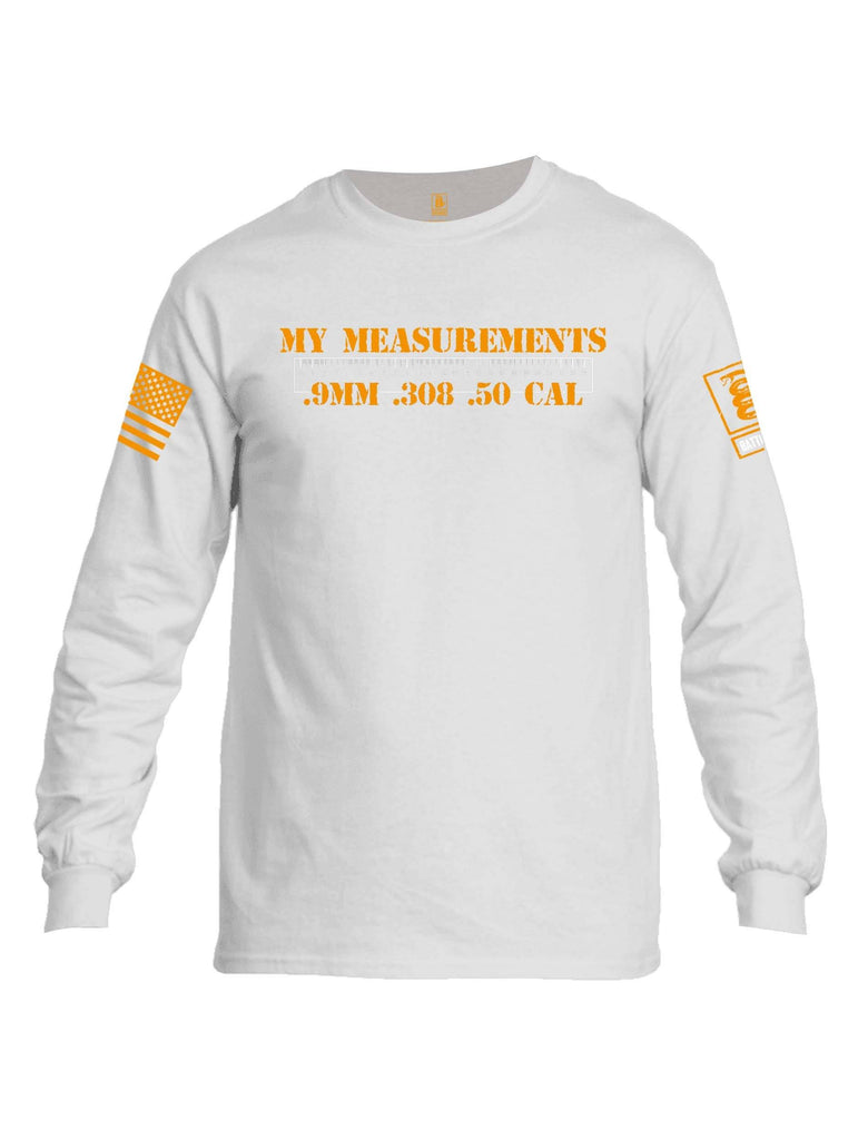 Battleraddle My Measurements .9mm .308 .50 Cal Orange Sleeve Print Mens Cotton Long Sleeve Crew Neck T Shirt shirt|custom|veterans|Men-Long Sleeves Crewneck Shirt