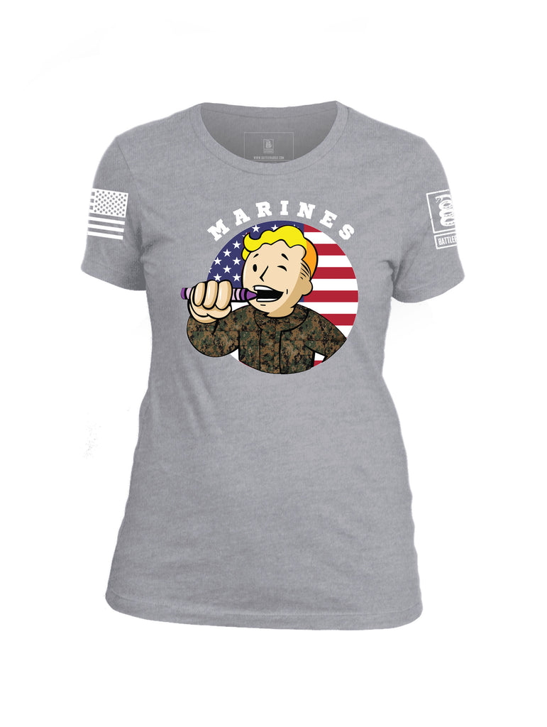 Battleraddle Marines Crayon Boot 75 White Sleeve Print Womens Cotton Crew Neck T Shirt