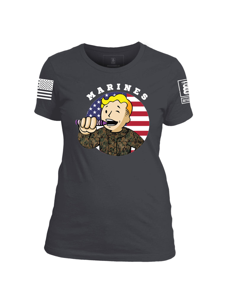 Battleraddle Marines Crayon Boot 75 White Sleeve Print Womens Cotton Crew Neck T Shirt