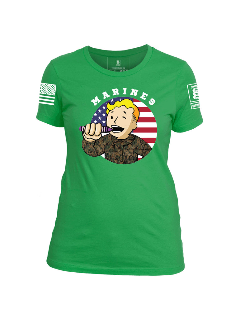 Battleraddle Marines Crayon Boot 75 White Sleeve Print Womens Cotton Crew Neck T Shirt